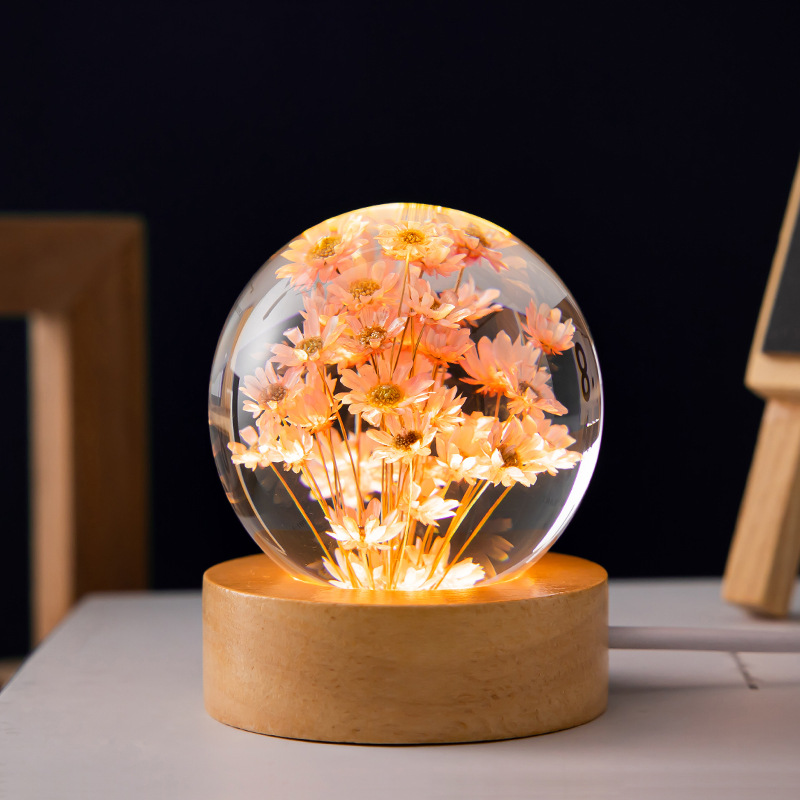 Bola de cristal de diente de león 3D, 5cm, 6cm, luminosa, de flores de inmortalidad, bola de cristal, soporte de madera, Base, bola de esfera de flor preservada: royal blue