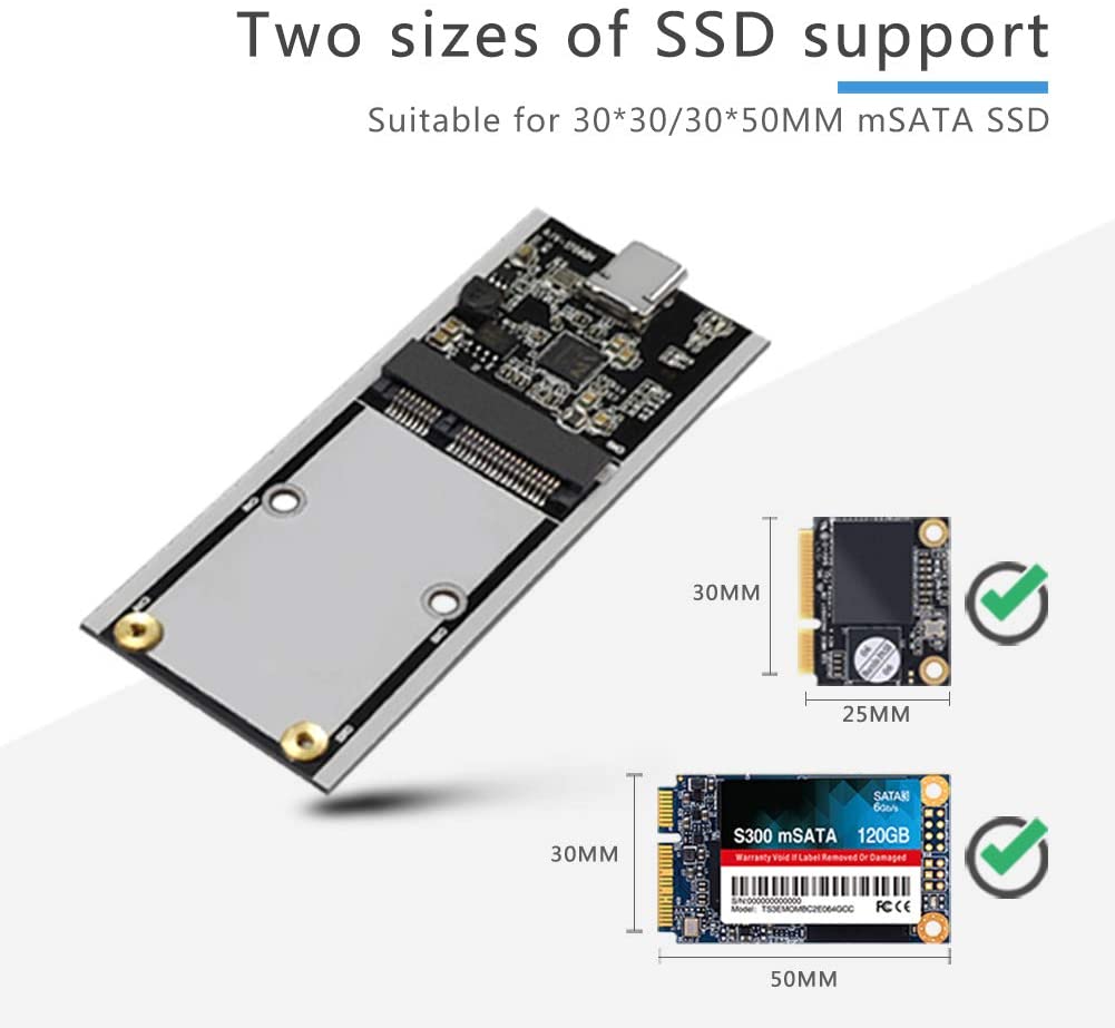 mSATA auf USB 3.1 SSD-Gehäuse-Adaptergehäuse mit USB-Typ-C-Schnittstelle für 30 x 50 mm/30 x 25 mm mSATA interne Solid-State-Festplatte