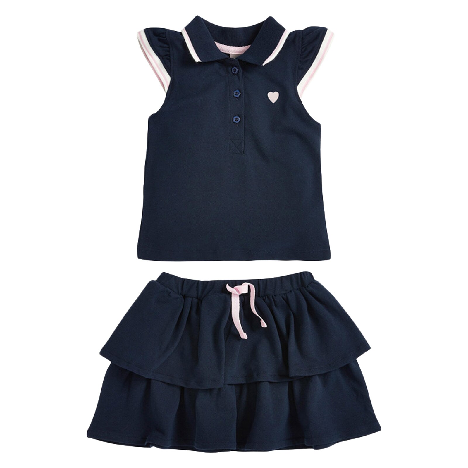 2Pcs Kids Meisjes Katoen Tennis Rok Pak Casual Sport Outfit Revers Kraag Flutter Mouwen Hart Print Tops En Gelaagde rok Set: Navy Blue / 4T(110)