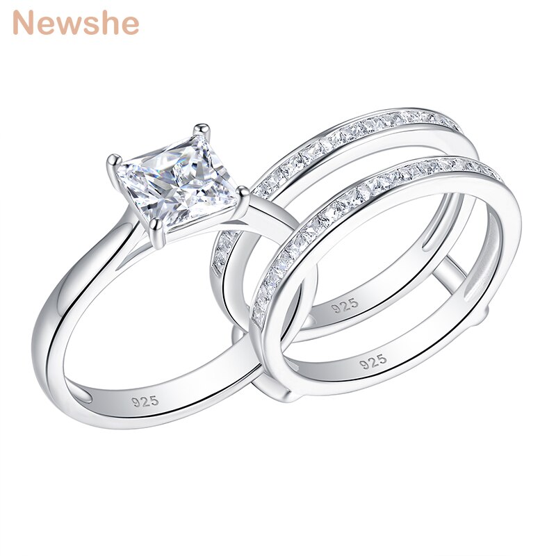 Newshe-anillos de boda de plata 925 sólida para mujer, sortija de compromiso de corte princesa solitario, banda de protección de circón Eternity