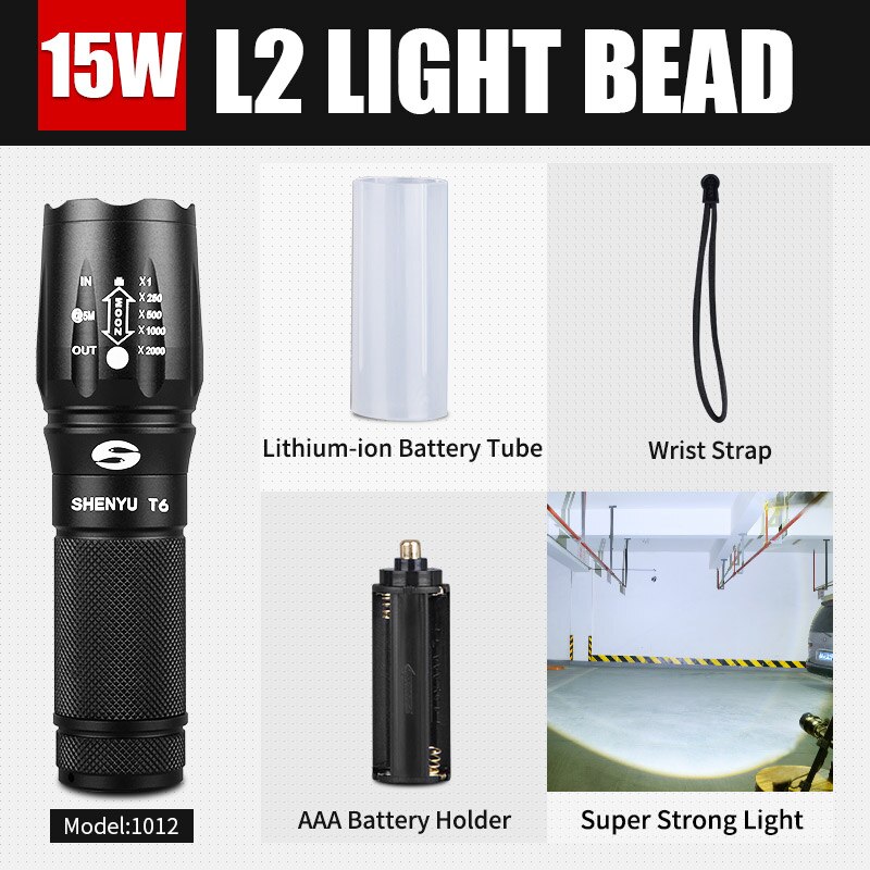 SHENYU LED Flashlight 18650 26650 Torch Waterproof Flashlight Cree XML t6 1000 lumen Zoomable Light: 1012 L2 15w Super