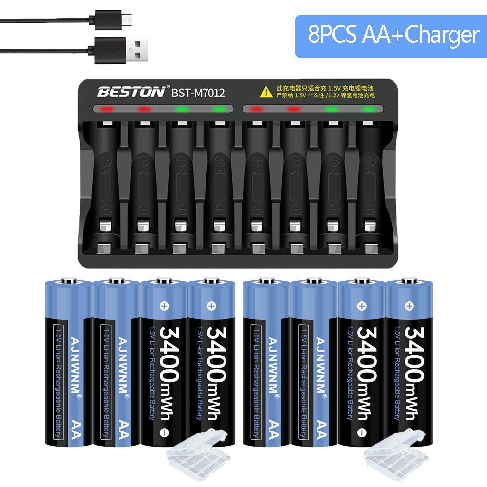 1.5V AA 3400mwh Lithium ion Rechargeable Battery 1.5V Lithium Battery Clock toy Camera Battery Toy Remote Control MP3: 8AA  and Charger