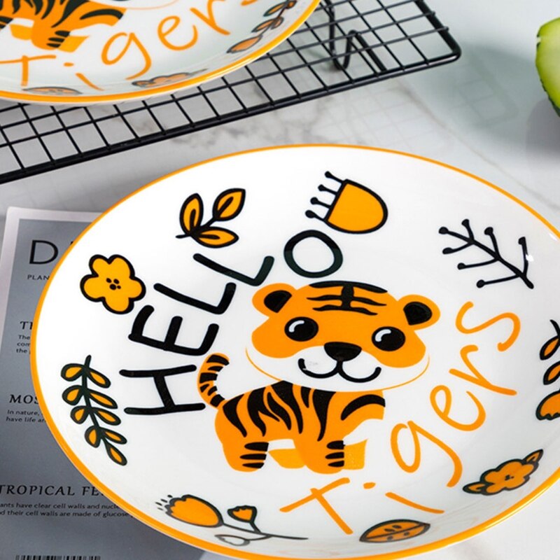 Cartoon Smiling Tiger Ceramic Dinner Plate Fun Animal Kids Fruit Dish Tableware
