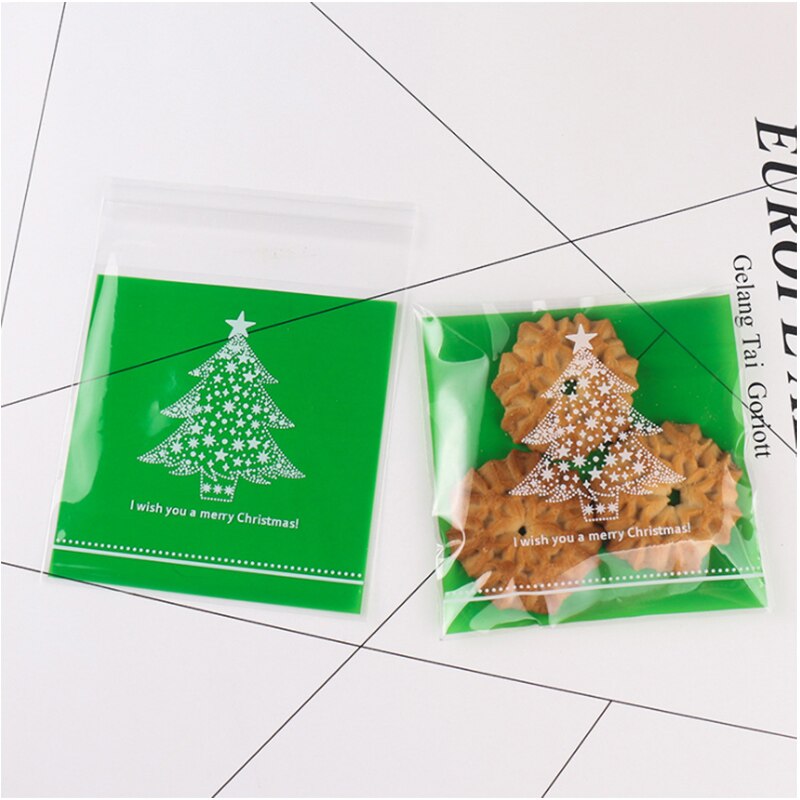 100Pcs Xmas Self-adhesive Cookie Packaging Plastic Bags Christmas Cellophane Party Bags Candy Bag Festival Party Favor