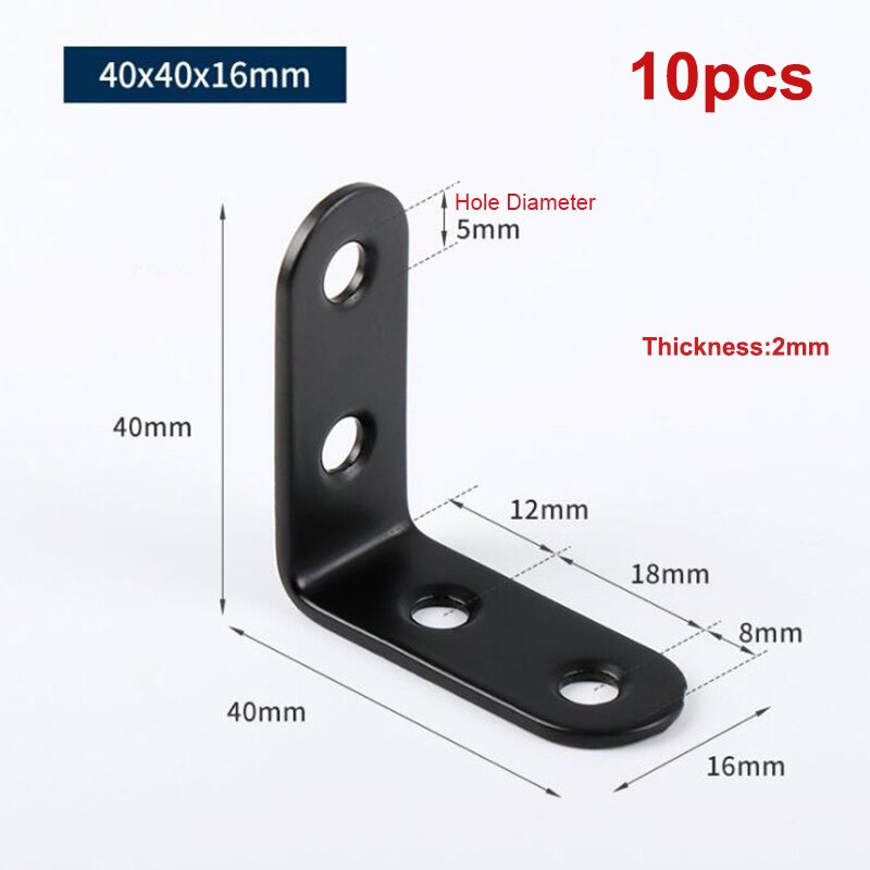 Attelle d'angle noire en acier inoxydable, support d'étagère à Angle droit pour étagères de Table avec vis 10 pièces: 40x40x16