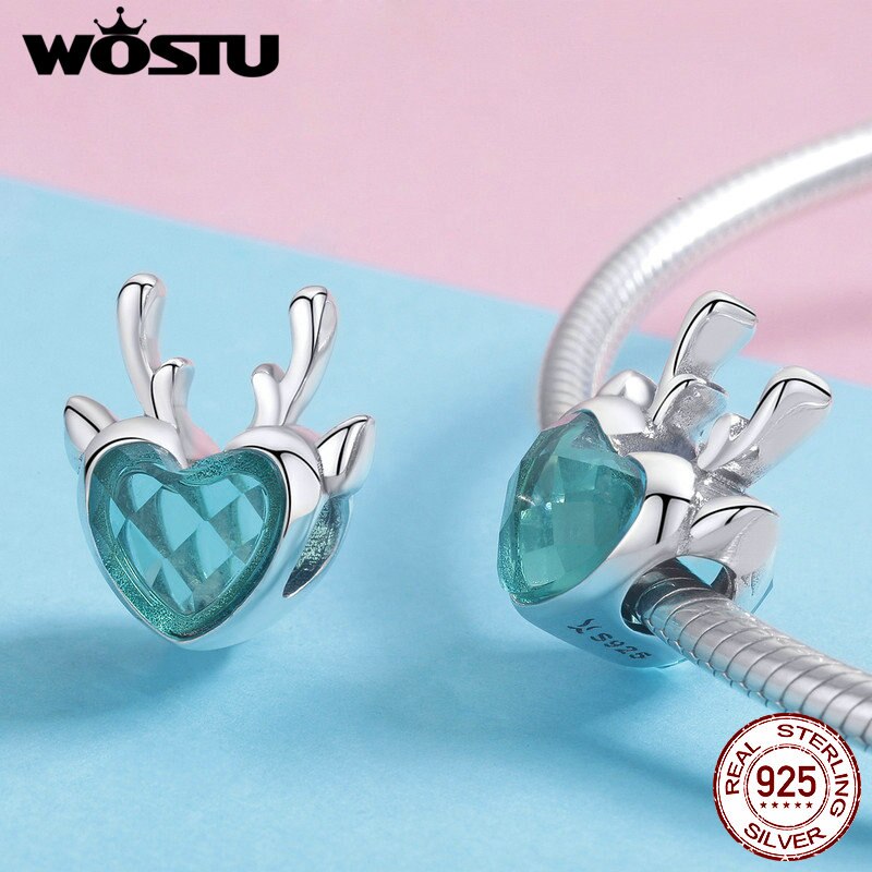 WOSTU 925 Sterling Silver Christmas Blue Elk Deer Bead Fit Charm Bracelet & Necklace Pendant Original Jewelry FIC1022