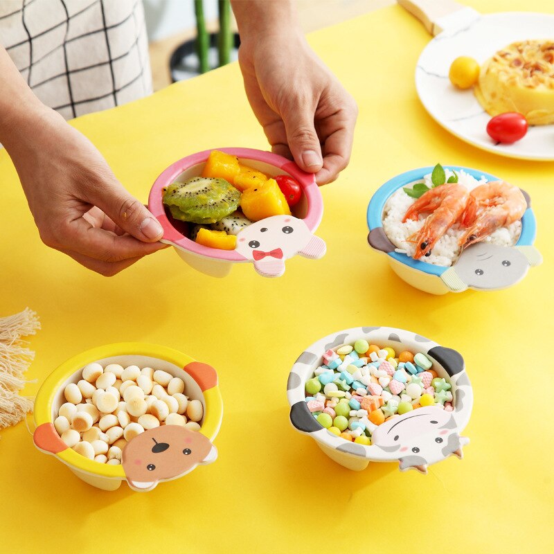 Baby Kids Natural Bamboo Fiber Toddler Children Plates Bowls Cute Animal Baby Infant Portable Cartoon Feeding Dishes Tableware