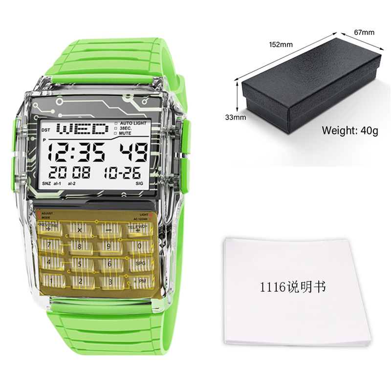 Reloj con calculadora multifunción, reloj electrónico LED, deportivo Digital, resistente al agua, estilo de ordenador, de lujo superior para hombre: Verde