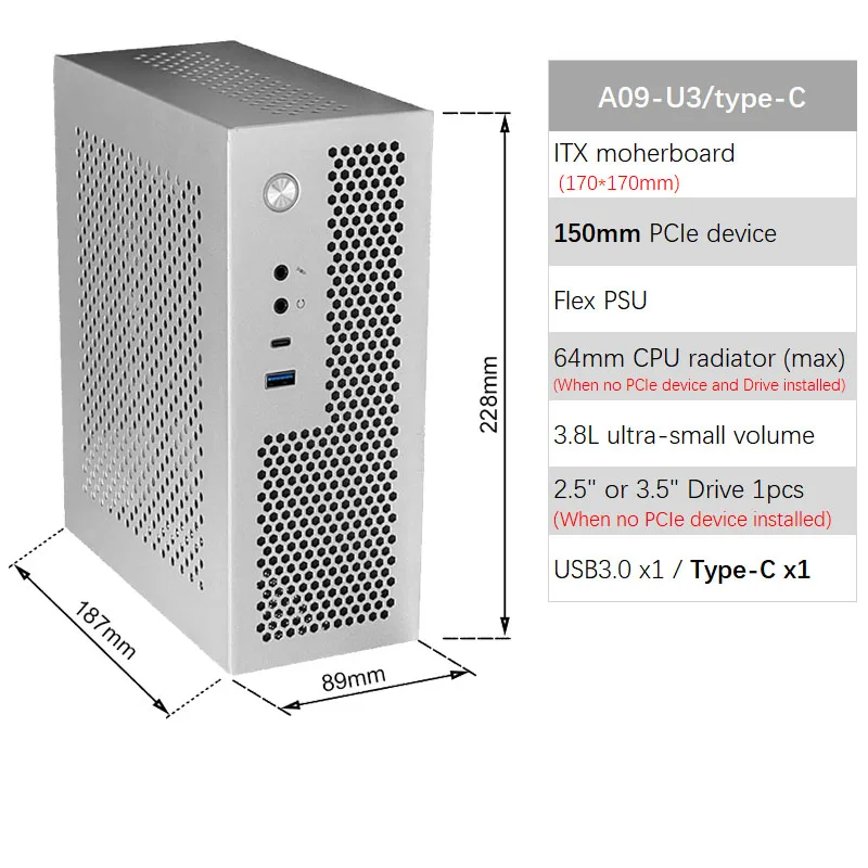 A09 3.8L ITX Chasis A4 HTPC Computadora portátil PC Soporte PCIe 2.5' SSD Drive Mini IPC Flex PSU Case: Grey