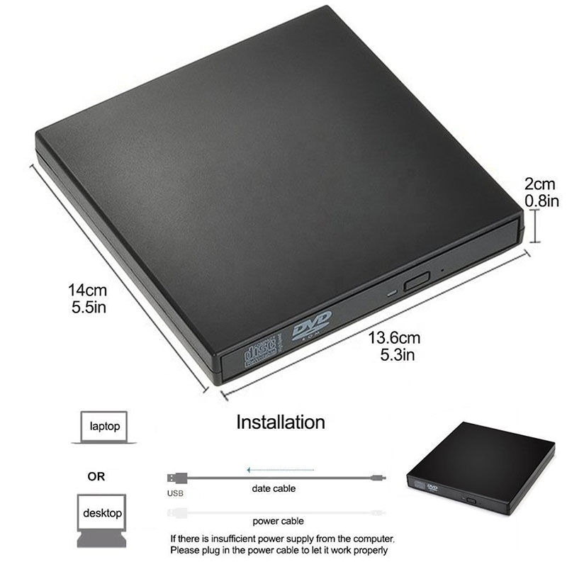 DVD externo portátil unidade óptica, USB 2.0, CD/DVD-ROM, CD/DVD-RW Player, queimador, leitor fino, gravador para Windows, Mac OS, prático