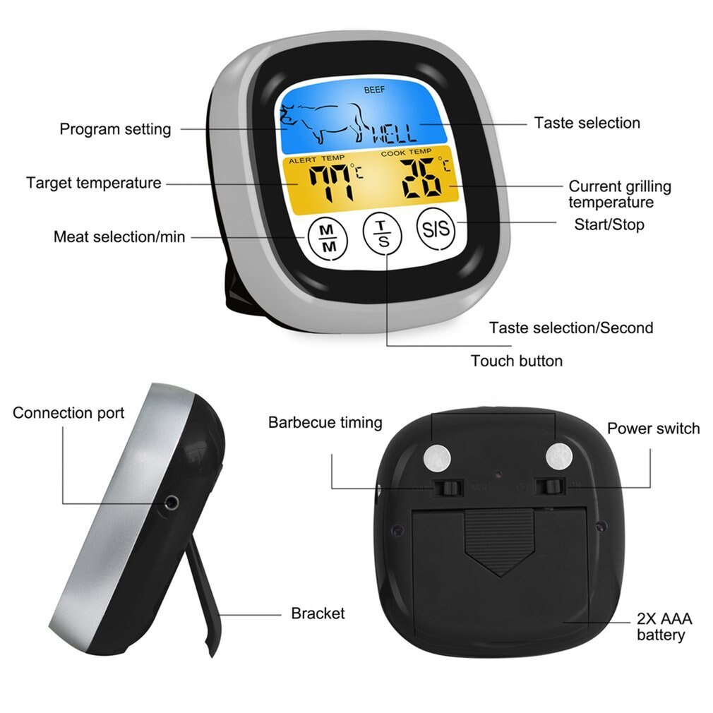 Digital bbq kødtermometer grillovn termometer med timer & rustfri stålsonde madlavningstermometer 1 stk.