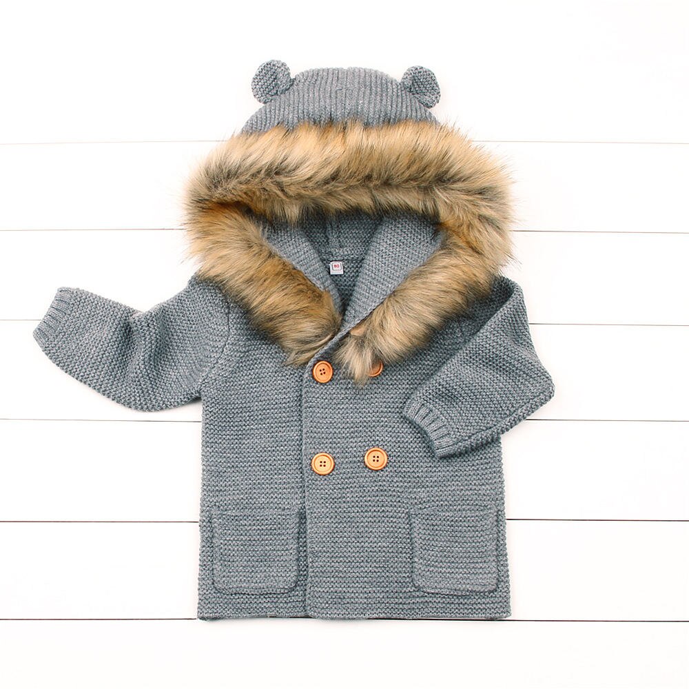 Babykleding kindertruien jongens capuchon bontkraag gebreide jas lange mouwen herfst- en winterjas babymeisje winterjas: Grijs / 6m