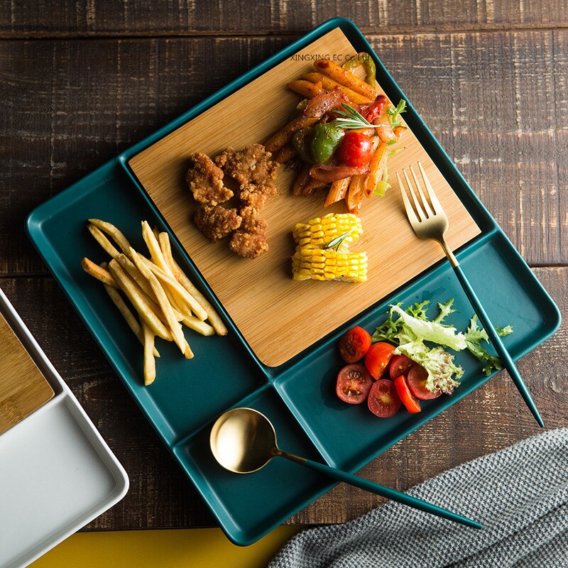 Ceramic Western Plate Grid Plate Household Square Tableware Snack Platter Bamboo Wood Western Steak Plate