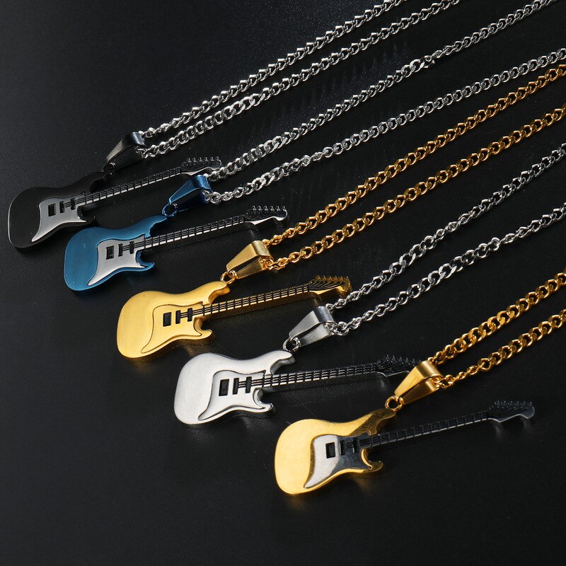 Rock Electric Guitar Pendant Necklaces Stainless Steel Hip Hop Jewelry Accessory For Women Men