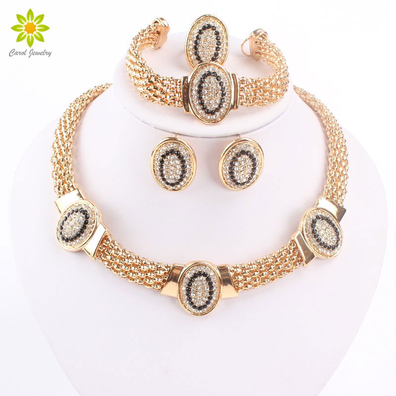 Dubai Gold Color Vintage Red/Black Rhinestone Necklace Set Wedding jewellery Bridal Jewelry Sets