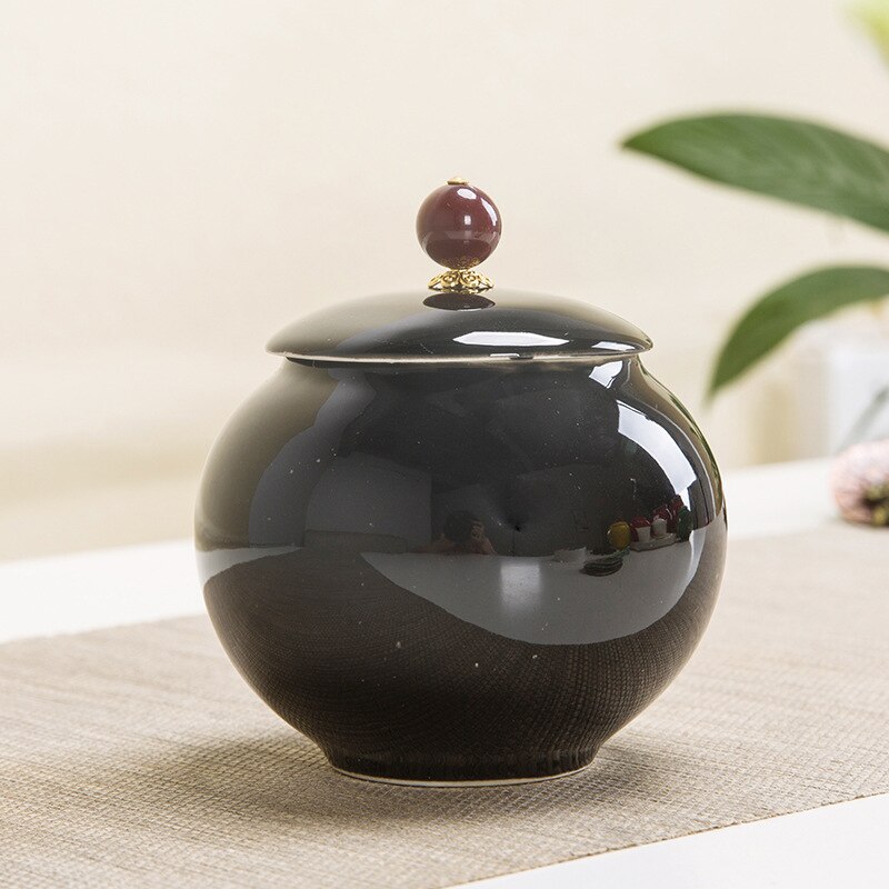 Urne ronde en porcelaine pour animaux de compagnie, pot à cendres de style chinois pour les chats et les chiens, souvenir de crémation: Black
