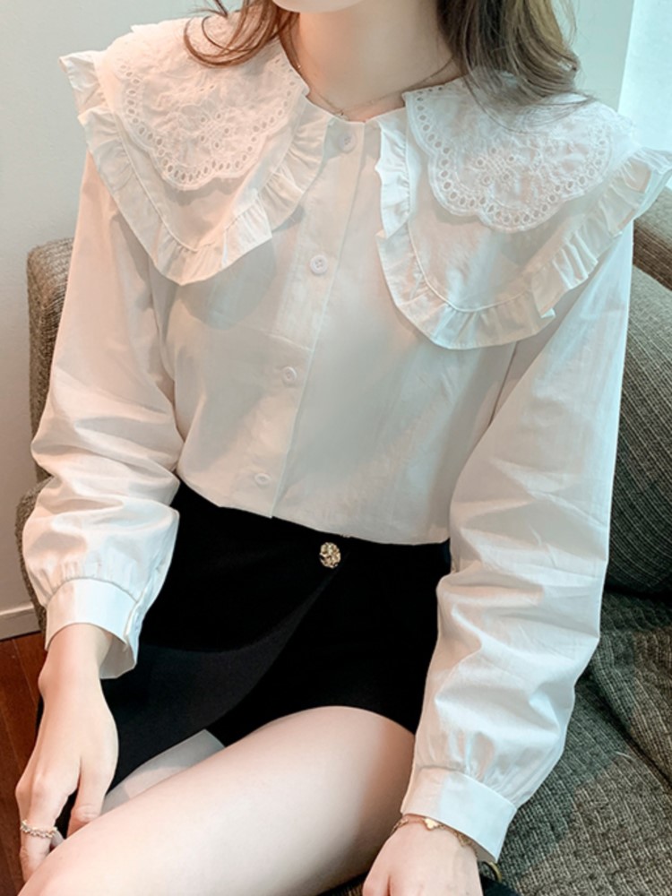 Primavera Patchwork blusa blanca Color sólido manga larga cuello Peter Pan camisa suelta Tops coreana ropa de mujer: L