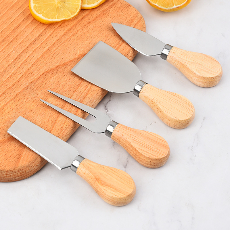 Juego de 4 cuchillos para queso, cubiertos para queso, cortador de queso de acero inoxidable, mango de madera, Mini cuchillo, cuchillo para mantequilla, espátula, tenedor