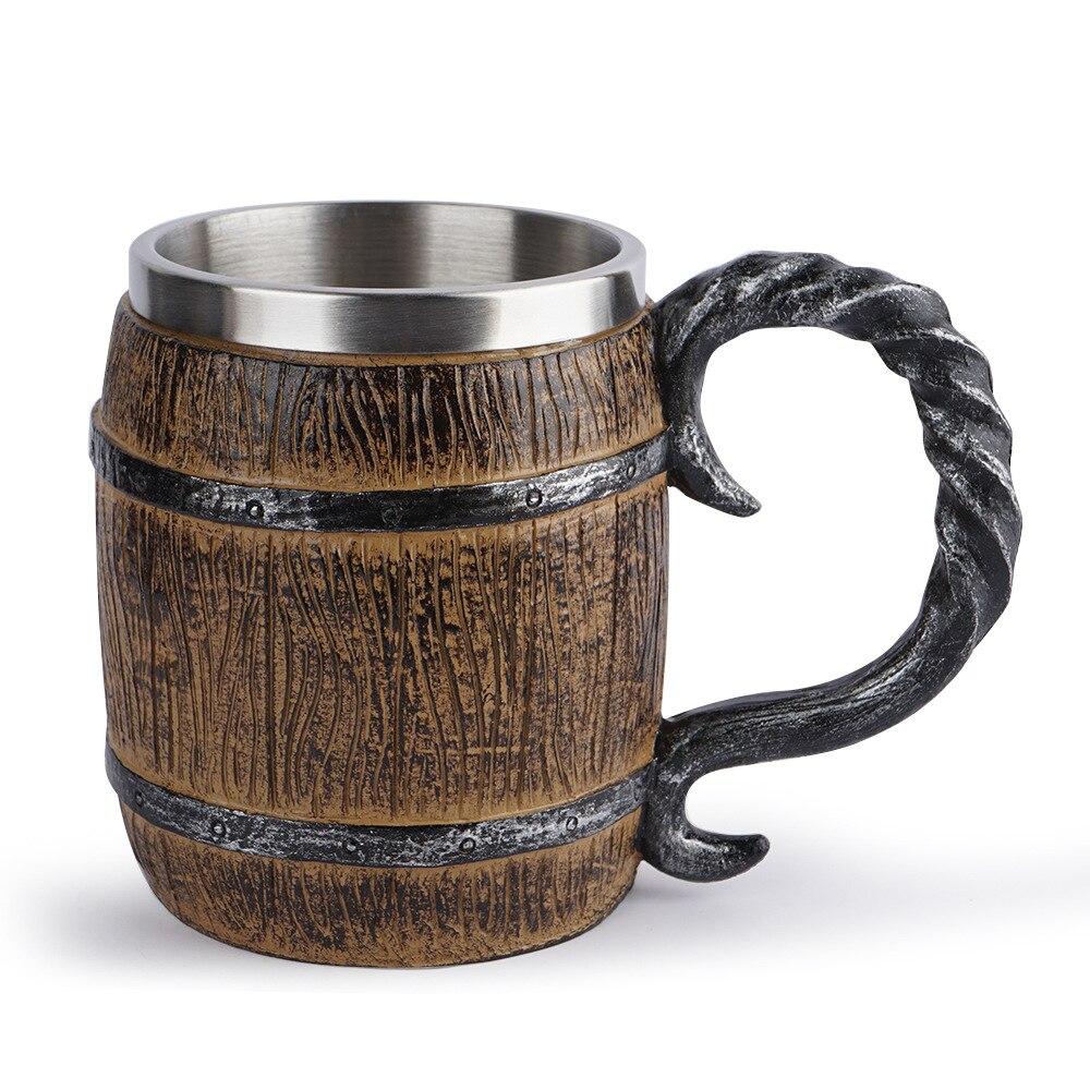550Ml Viking Hout Stijl Bier Mok Als Simulatie Houten Vat Beer Cup Double Wall Mok Metalen Geïsoleerde houten Barre