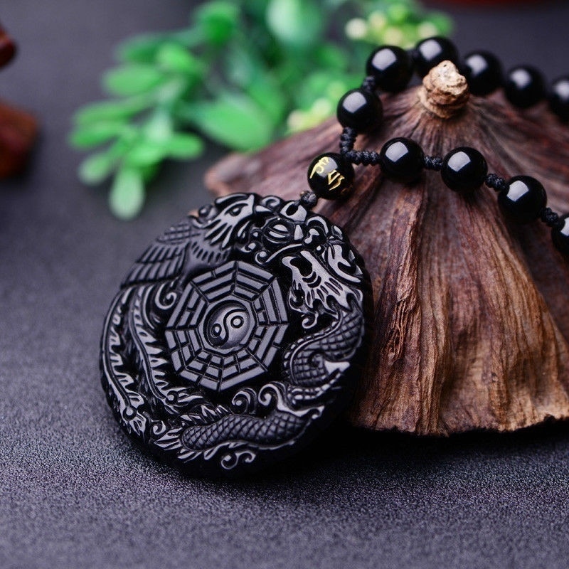 Naturlig sort obsidian dragon phoenix vedhæng perler halskæde charme smykker håndskåret amulet til hendes kvinder mænd