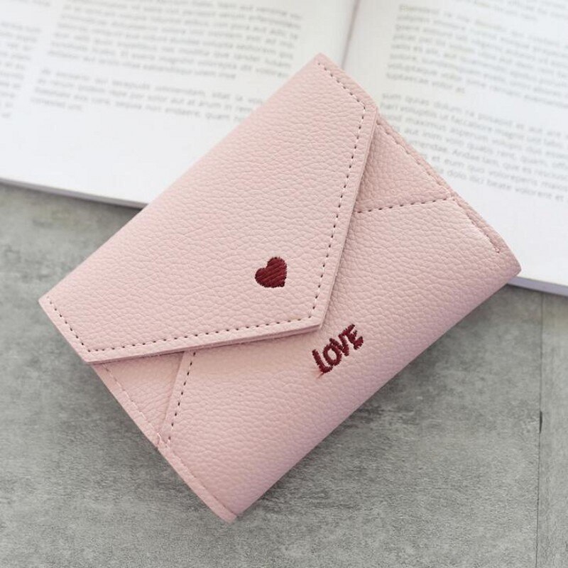 Nuove Donne Portafogli Della Borsa Mini Raccoglitore Del Cuore di Amore-a forma di Linea Del Ricamo Del Modello di Lychee Del Raccoglitore Multifunzionale 3 Fold Piccolo Portafoglio: Light pink