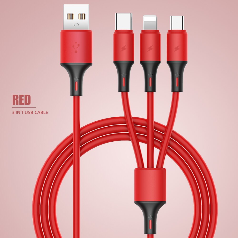 120cm 3 w 1 kabel ładujący USB dla iPhone 12 3A mikro USB typ C kabel 3w1 2w1 przenośny kabel ładujący dla iPhone X Samsung S9: czerwony