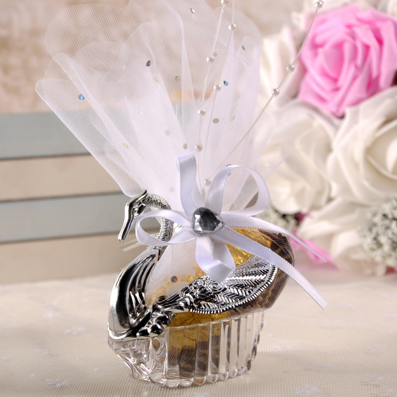 Elegante caixa de doces cisne acrílico criativo favor prata/ouro caixas de presente com voile para o casamento noivado festa decoração suprimentos