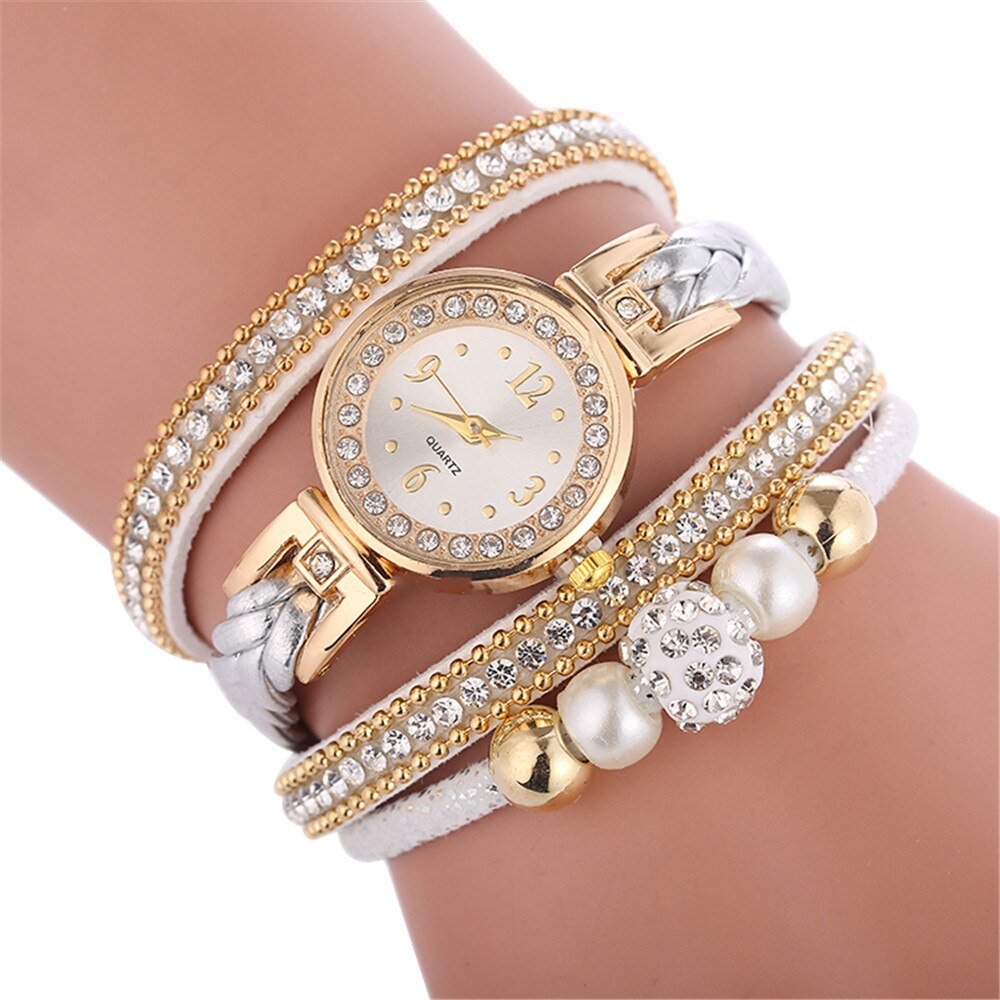 Vrouwen Lederen Dames Quartz Horloge Horloges Mooie Metalen Hanger Dames Ronde Armband Horloge Klok Mode: A