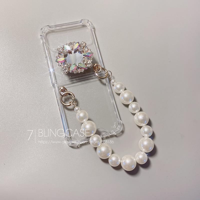 Pearl Bracelet Rhinestone Holder Phone Case For Samsung Galaxy Z Flip 3 Hand Chain Clear Shockproof Z Flip Cover: Galaxy Z Flip / 3