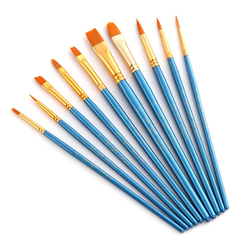 10Pcs/set Nylon Artist Paint Brush Watercolor Acrylic Wooden Handle Painting Brushes Art Supplies Stationery