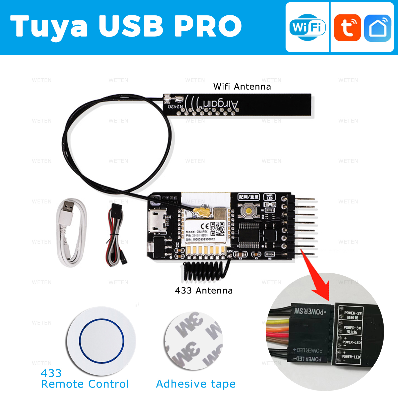 Tuya Wifi Computer Power Reset-schakelaar USB PCIe-kaart 433 RF-afstandsbediening PC-aan/uit-knop, APP-spraakbediening met Alexa Google Home: Bundel 5