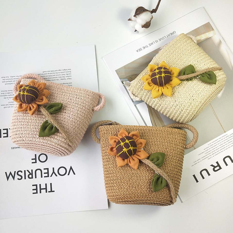 Lovely Toddler kids Girls Straw Coin Purses Beach Messenger Bags Children Kids Girls Bear Floral Ball Shoulder Bag Handbag