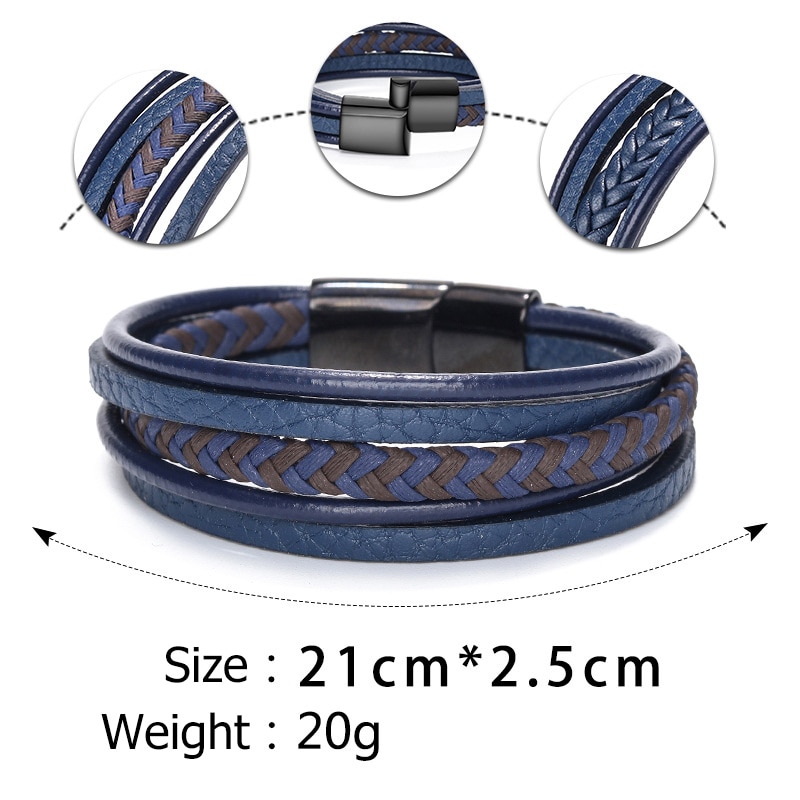 Niuyitid mænds blå læder armbånd flerlags magnet knap mandlige smykker til kvinder