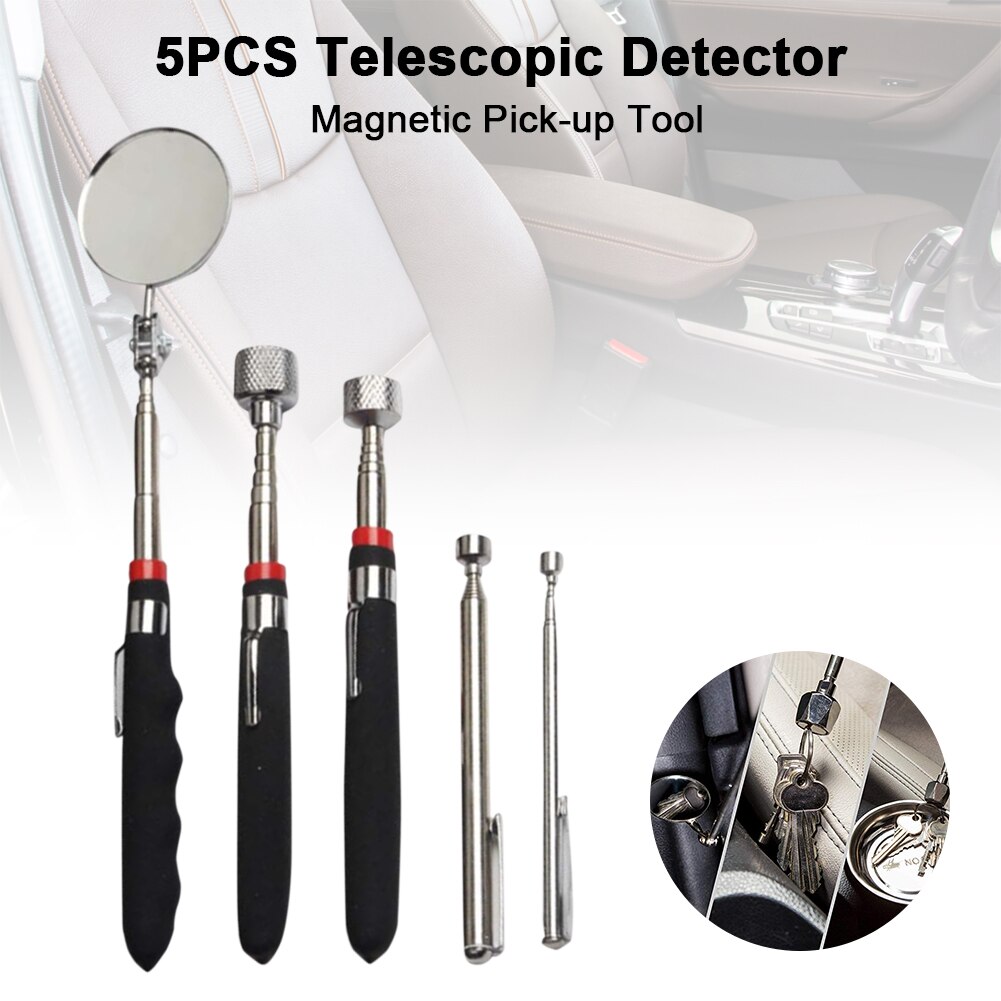 5PCS Portable Telescopic Easy Magnetic Pick Up Rod Stick Extending Magnet 360 Swivel Inspection Mirror with LED Light