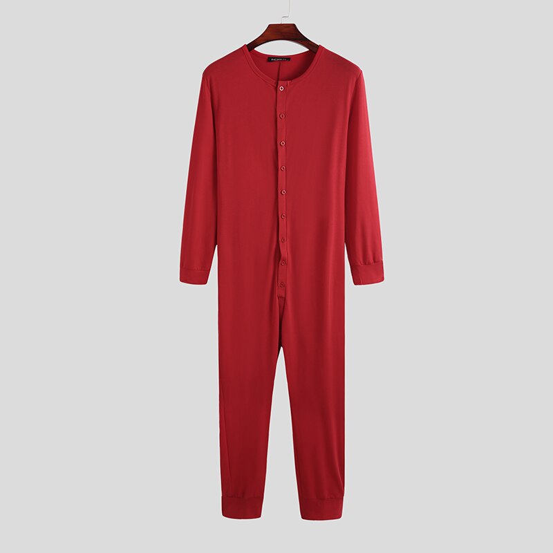 Leisure Heren Zomer Pyjama Jumpsuit Solid Nachtkleding Lange Mouwen Knop Nachtkleding O Neck Fitness Homewear Rompertjes Incerun S-5XL: Red / L