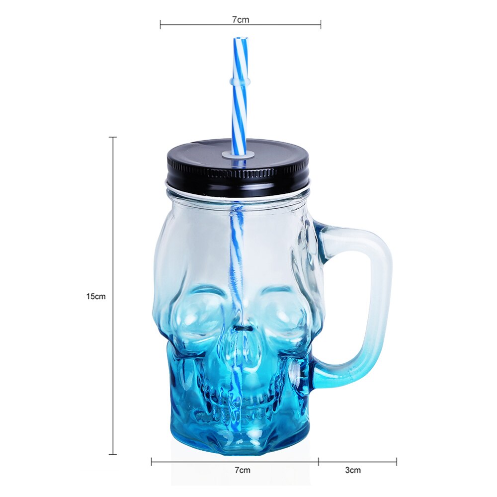 Tasse de bière en verre de 500ML | Bocal pour crâne de maçon 1 pièce, tasse de bière au avec une paille et couvercle comme décoration de Bar maison pour boire un paquet: 2