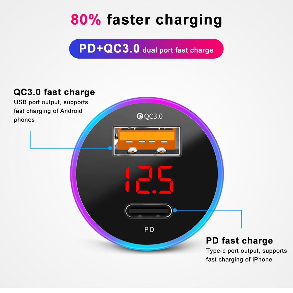 Cargador de coche Universal QC 3,0 PD, salida USB Dual para Huawei P10 Plus Mate 9, Xiaomi Mi5 Mi6 Plus, pantalla Led de voltaje