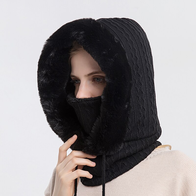 Talviturkis lippis maski setti hupullinen naisille neulottu kashmir kaula lämmin balaclava suksi tuulenpitävä hattu paksu pehmoinen pörröinen pipot huppu: Musta