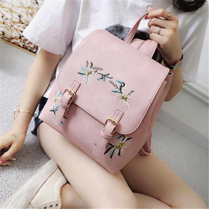 Dida Beer Vrouwen Lederen Rugzakken Vrouwelijke Schooltassen Voor Meisjes Rugzak Kleine Bloemen Borduren Bloemen Rugzak Mochila