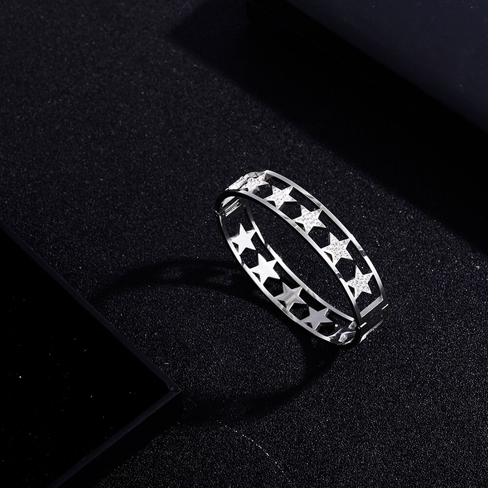 Prata ouro aço inoxidável pulseiras largas para mulheres estrelas de cristal branco pode abrir e fechar mão pulseiras presente 2021 novo