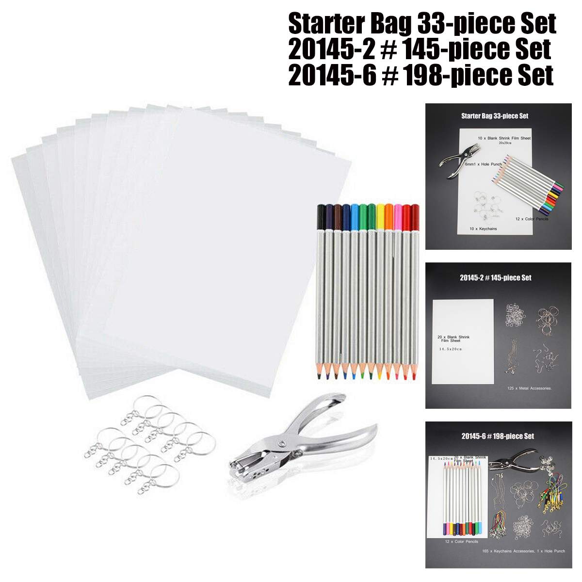 Krimpkous Vel Plastic Kit 33/145/198 Pcs Shrinky Art Papier Perforator Sleutelhangers Potloden Diy Tekening art Supply