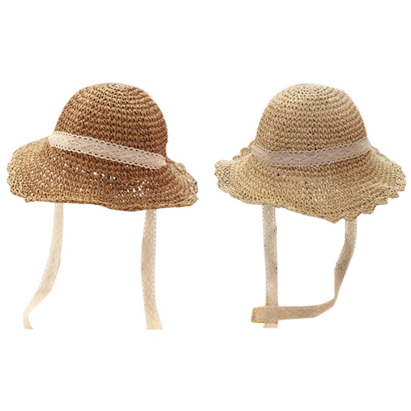 Barns stråhatt bredbremmet lue håndlaget blonder sammenleggbar strandhatt dame sommerhatt baby chapeau femme foreldre-barn lue beig