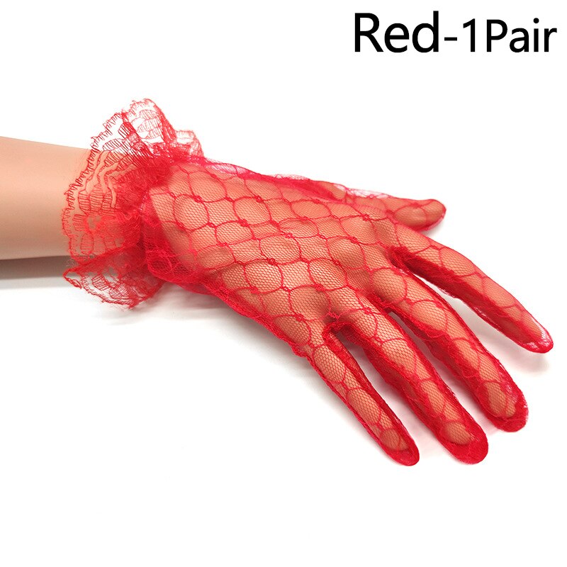 1 paire femmes court Tulle gants extensible dentelle Lotus feuille voilages robe accessoires plein doigt mariée mariage fête noir: Rouge
