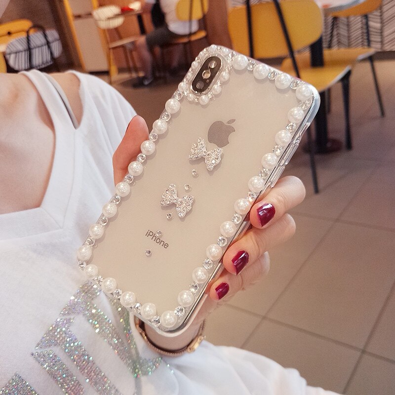 For ZTE Blade A3 A5 A7 V9 V10 Vita L8 Axon 7 Nubia Z17 Z11 Max N1 Diamond Bow Cover Pearl Rhinestone case