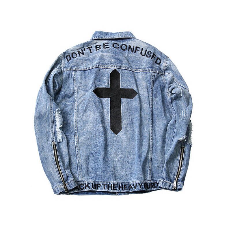suelta chaqueta de Denim apenado chaqueta carta estampado de cruces de talla grande de los hombres de coreana Slim hombre chaquetas