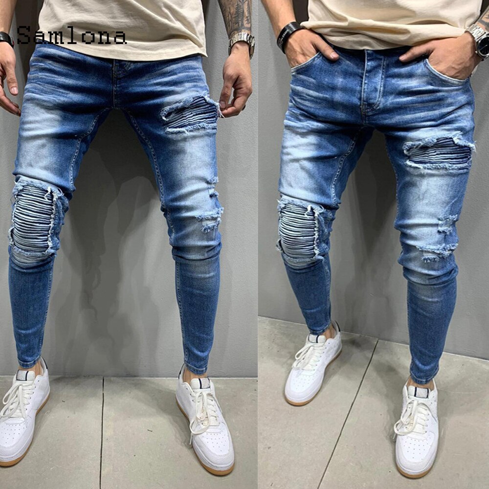 mager jeans herre denim bukse herre skrog revet bukser streetwear menn glidelås denim bukse blå hofte hopp blyantbukser: Mørke blå / Xxl