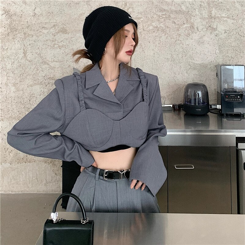British style women suit two pieces set high waist wide leg pants pants and short suit coat casual female set