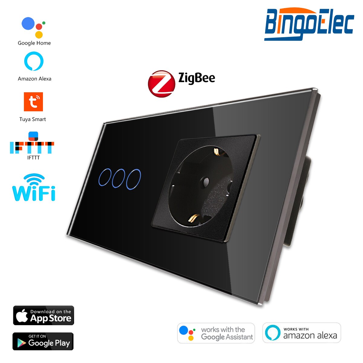 Bingoelec ZigBee Touch Switches 1/2/3Gang Smart Light Switch Google Alexa App Control with EU Standard Wall Socket: Black 3gang