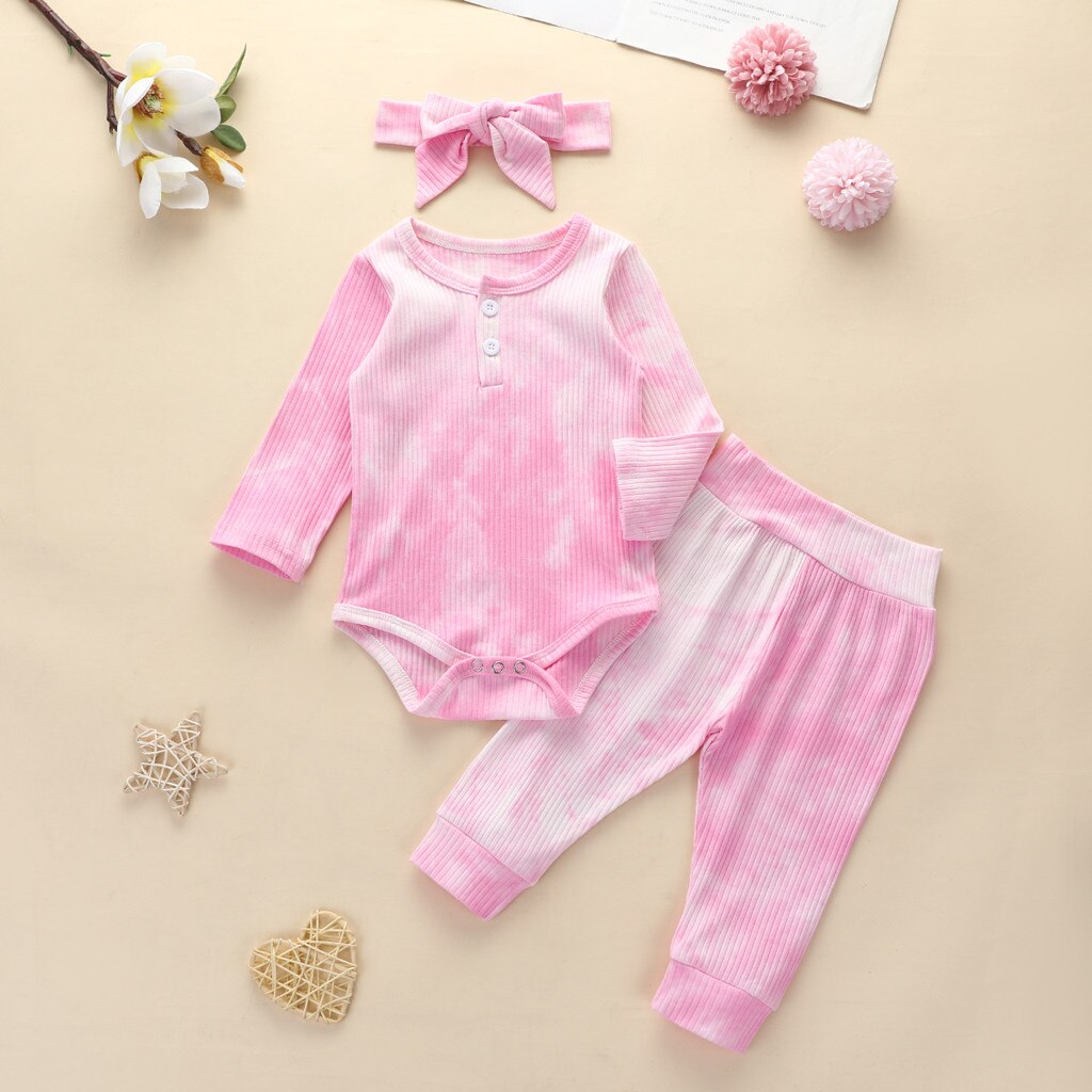 Baby Meisje Jongen Tie-Geverfd Pyjama Set Winter Nachtkleding Outfits Geribbelde Gebreide Ruches Lange Mouwen Bodysuit Broek Set Pasgeboren pyjama: Roze / 18m