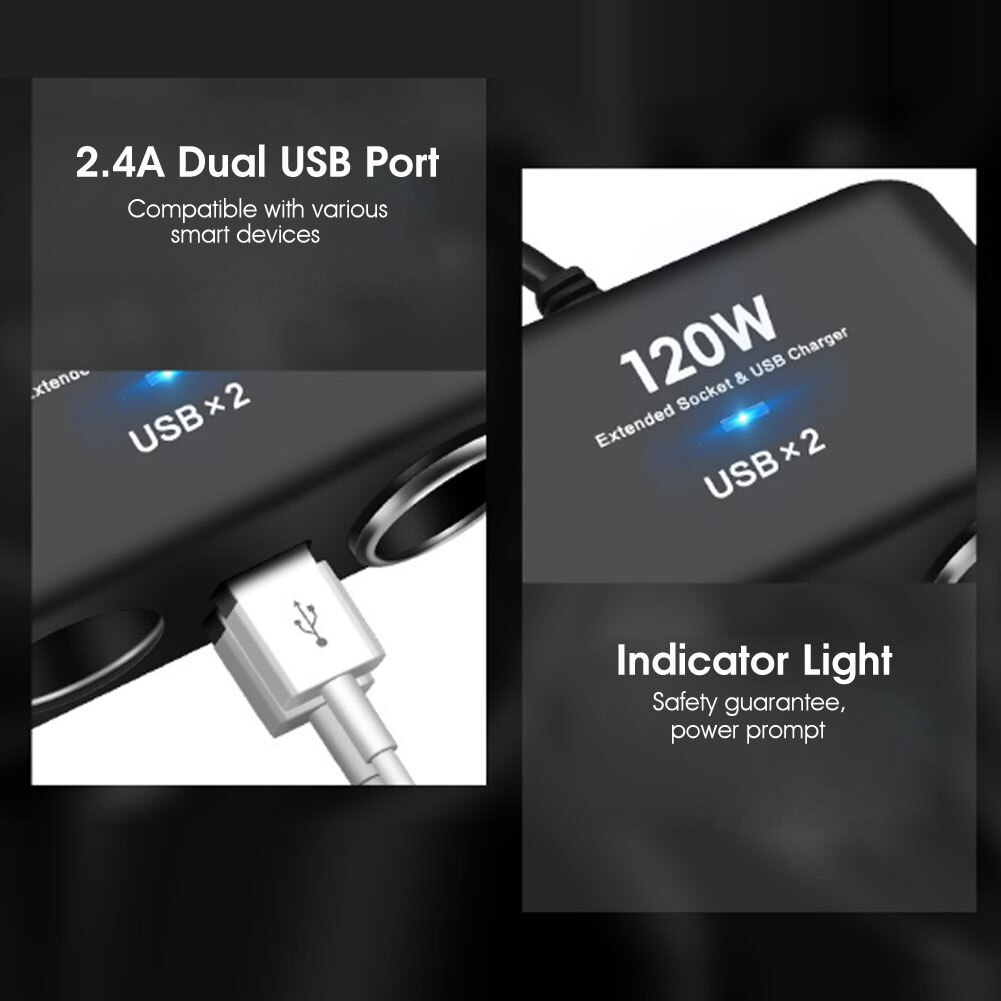Divisor de mechero de coche, adaptador de cargador USB, carga en el encendedor de cigarrillos, 4 vías, 12V, 24V